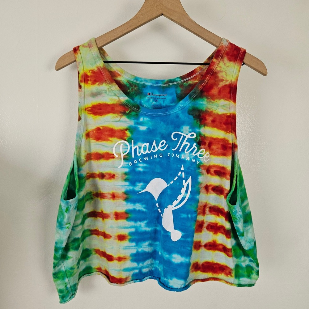 Champion Tie Dye Crop Tank Top Sz 2XL Phase Three Brewing Company Multicolor